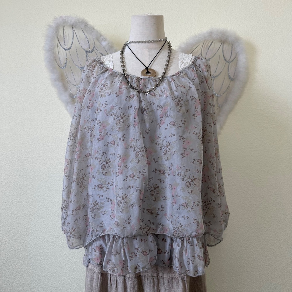 Mori Girl Whimsy Twee 100% Silk Floral Blouse Sheer Peasant Top Grey Pink Tiered